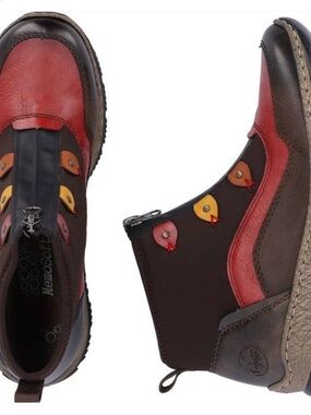Rieker Red and Brown Leather Zip Ankle Booties